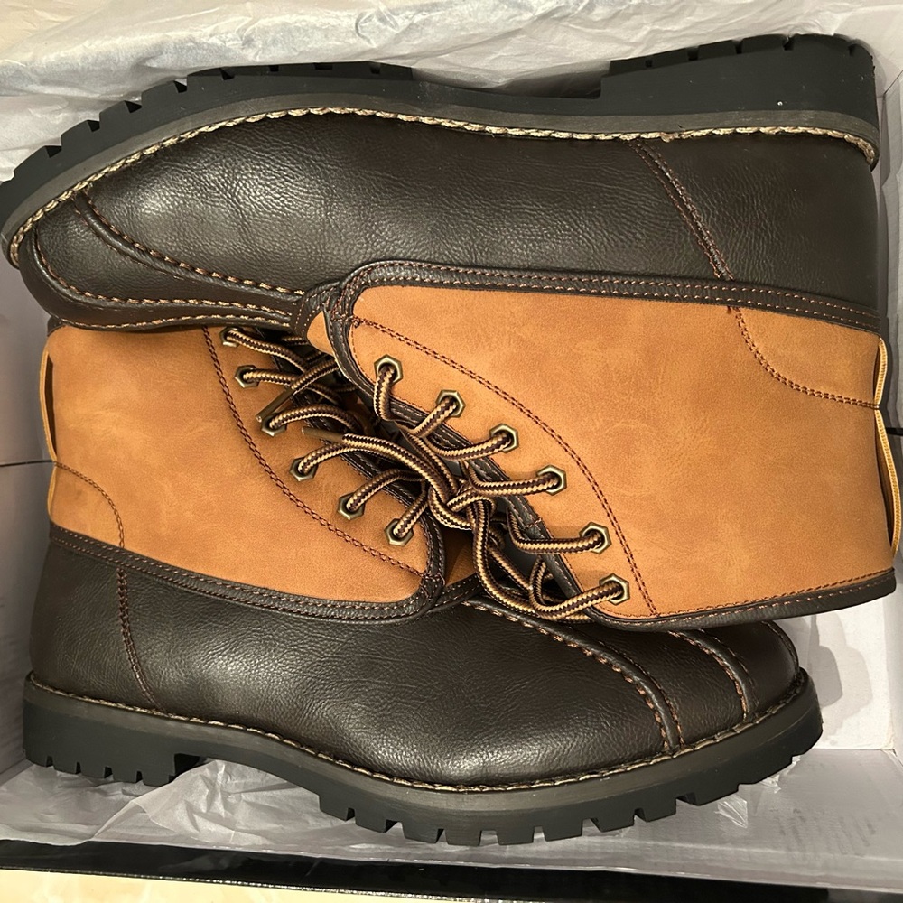 Men's Two-Tone Brown Leather Work Boots - Tan & Dark Brown